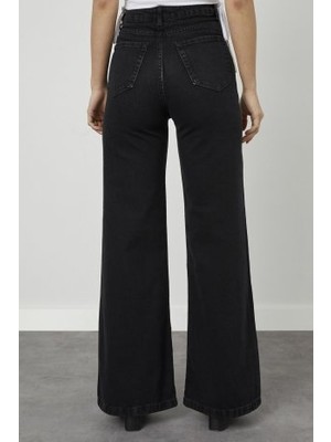 Trn JNS  Siyah Likralı  Salaş Wide Leg  Jean - Süper Yüksek Bel Solmaz Kumaş Kot Pantolon