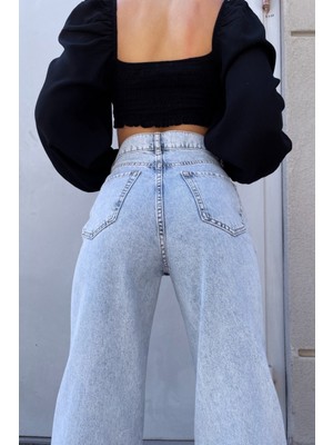 Livik  Hulk Mavi Yüksek Bel Bol Paça Denim Kot Pantolon