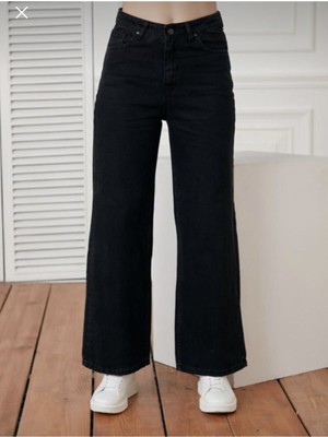 Trn JNS Solmayan Siyah Likralı Süper Yüksek Bel Salaş Jean Palazzo Pantolon. (Süper Yüksek.) Wide Leg.