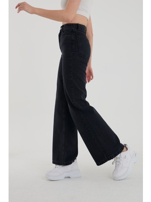 Trn JNS Kadın Siyah Likralı Süper Yüksek Bel Wide Leg Jean Salaş Geniş Paça Kot Pantolon (Süper Yüksek)
