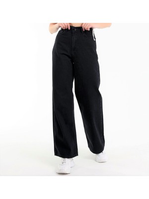 Trn JNS Siyah Wide Leg Etkili Fermuarlı Süper Yüksek Bel Jeans Salaş Kot Pantolon ( Solmaz Kumaş)