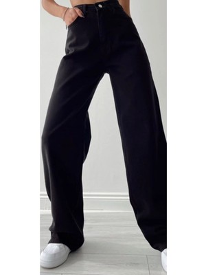 Livik Delfin Solmaz Siyah Likralı Bol Paça Jean -Bol Wide Leg Kot Pantolon