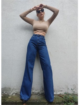 Livik Flechazo Koyu Mavi Likralı  Yüksek Bel Wide Leg Jean Salaş Geniş Paça Kot Pantolon