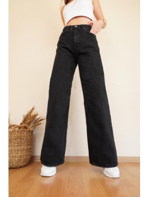 Trn JNS Alyona  Siyah Likralı  Salaş Wide Leg  Jean - Yüksek Bel Kot Pantolon