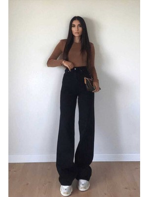 Livik Kadın Leon Siyah Yüksek Bel Bol Paça Denim Kot Pantolon Salaş Konforlu Model