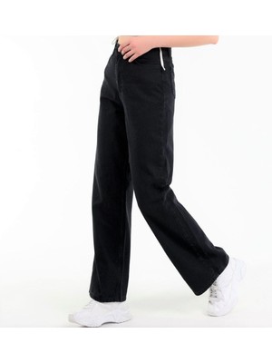 Trn JNS Kadın Siyah Yüksek Bel Geniş Paça Wide Leg Kot Pantolon