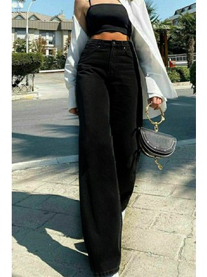 Trn JNS Kadın Siyah Yüksek Bel Geniş Paça Wide Leg Kot Pantolon