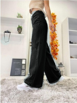 Livik Kadın  Siyah Yüksek Bel Likralı Bol Paça  Kot Pantolon- Wide Leg