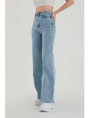 Trn JNS Extra Yüksek Mavi Kar Salaş Jeans Pazazzo Pantolon