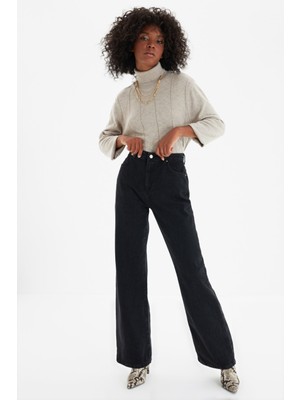 Trn JNS Kadın Siyah Yüksek Bel Geniş Paça Wide Leg Kot Pantolon