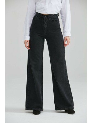 Livik Kadın Siyah Yüksek Bel Likralı Bol Paça Denim Kot Pantolon- Wide Leg