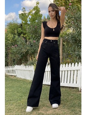 Trn JNS Siyah Wide Leg Etkili Fermuarlı Süper Yüksek Bel Jeans Salaş Kot Pantolon ( Solmaz Kumaş)