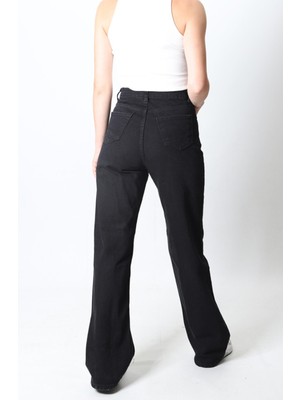 Trn JNS Siyah Süper Yüksek Bel Geniş Paça - Wide Leg Likralı Kot Pantolon