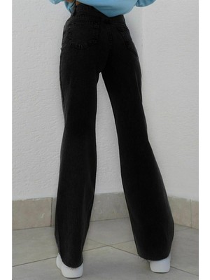 Trn JNS Siyah Rahat Kalıp Wide Leg Jeans  - Salaş Süper Yüksek Belli Likralı Kot Pantolon