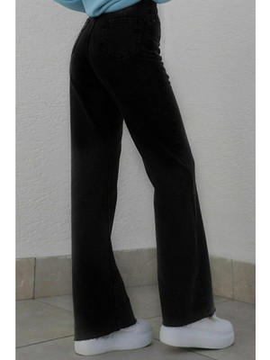 Trn JNS Kadın Siyah Yüksek Bel Geniş Paça Wide Leg Kot Pantolon