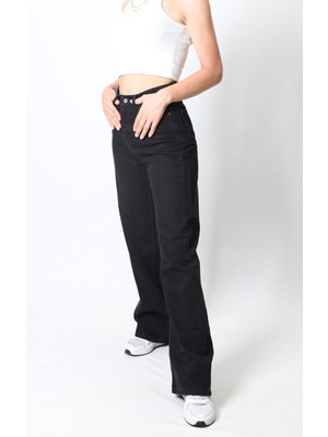 Trn JNS Siyah Süper Yüksek Bel Geniş Paça - Wide Leg Likralı Kot Pantolon