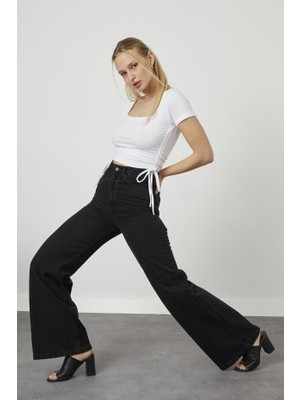 Livik  Siyah Likralı  Salaş Wide Leg  Jean - Süper Yüksek Bel Solmaz Kumaş Kot Pantolon