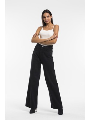 Trn JNS Kadın Siyah Yüksek Bel Geniş Paça Wide Leg Kot Pantolon