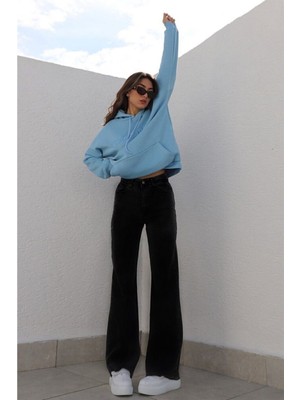 Livik Siyah Salaş Likralı Wide Leg Jeans  - Salaş Süper Yüksek Belli Likralı Kot Pantolon
