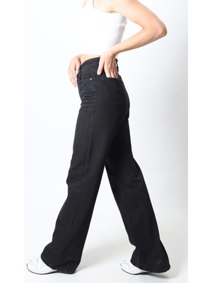 Trn JNS Kadın Siyah Yüksek Bel Geniş Paça Wide Leg Kot Pantolon