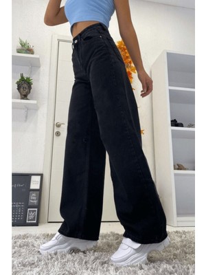 Trn JNS Siyah Wide Leg Etkili Fermuarlı Süper Yüksek Bel Jeans Salaş Kot Pantolon ( Solmaz Kumaş)