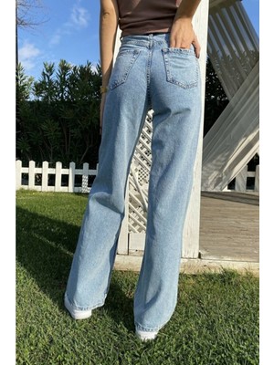 Livik Mavi Polina Kar Yıkama Süper  Likralı Süper Yüksek Bel Bol Paça - Salaş Kot Pantolon