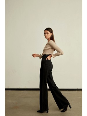 Livik Kadın Ela Siyah Likralı Süper Yüksek Bel Bol Paça Kot Pantolon