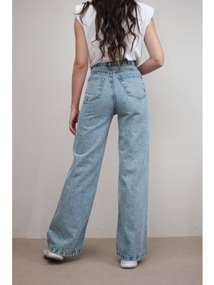 Livik Kadın Mavi Kar Yıkama Salaş Süper Yüksek Bel Likralı Bol Paça Denim Kot Pantolon