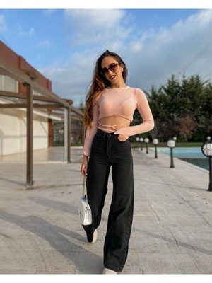Livik  Siyah Likralı  Salaş Wide Leg  Jean - Süper Yüksek Bel Solmaz Kumaş Kot Pantolon