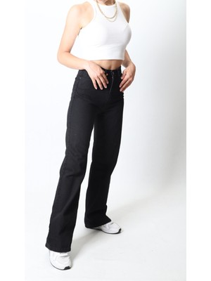 Livik Siyah Salaş Süper Yüksek Bel Geniş Paça - Wide Leg Likralı Kot Pantolon