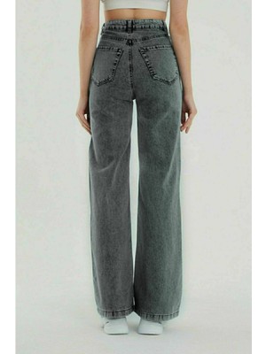 Kadın Trn JNS Füme Yüksek Bel Salaş Wide Leg Kot Pantolon Bol Kesim %97 Pamuk %3 Likra