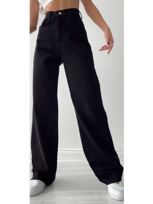 Livik Kadın Samira Siyah Likralı Süper Yüksek Bel Bol Paça Kot Pantolon