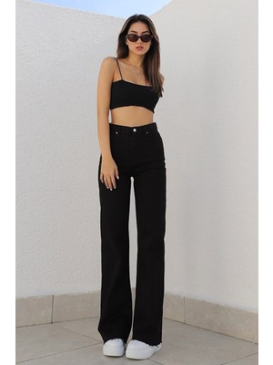 Trn JNS Likralı Süper Yüksek Bel Wide Leg Jeans Salaş Geniş Paça Kot Pantolon (Süper Yüksek)