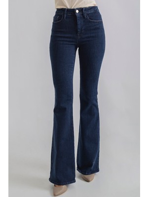 Ramrod Kadın Koyu Mavi Yüksek Bel Flare Jeans Toparlayıcı Özellikli Likra Kumaşlı Model
