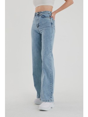 Ramrod Kadın Açık Mavi Yüksek Bel Bol Paça Denim Pantolon  Pamuklu Kumaşla
