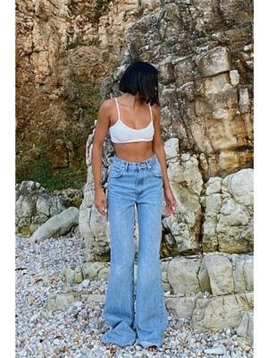 Ramrod  Forbes Açık Mavi Kar Yıkama Süper Yüksek Bel Bol Paça Denim Kot Pantolon