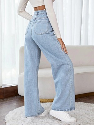 Ramrod  Pandora Mavi Likralı  Yüksek Bel Wide Leg Salaş Geniş Paça Kot Pantolon