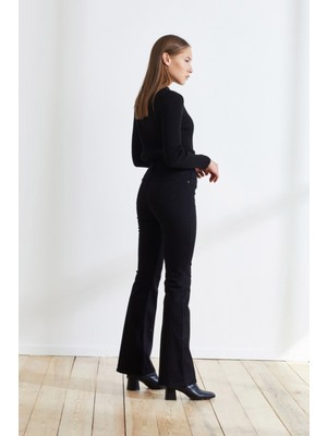 Livik Fabian Kadın Simsiyah Likralı Ispanyol Paça Kot Pantolon