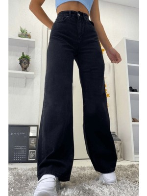 Ramrod  Kadın Bala Yüksek Bel Likralı Siyah Geniş Paça Kot Pantolon