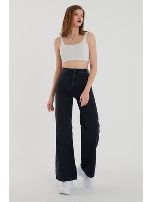 Ramrod Solmayan Siyah Likralı Süper Yüksek Bel Wide Leg Jean Salaş Geniş Paça Kot Pantolon (Süper Yüksek)