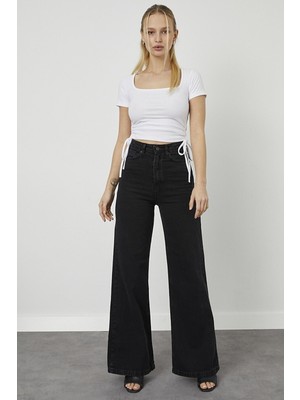 Livik  Kadın Hadrian Likralı Kadın Siyah Süper Yüksek Bel Likralı Bol Paça Denim Kot Pantolon