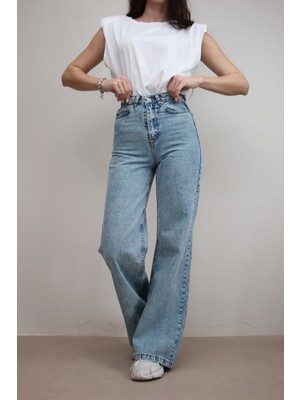Livik Kadın Mavi Kar Yıkama Salaş Süper Yüksek Bel Likralı Bol Paça Denim Kot Pantolon