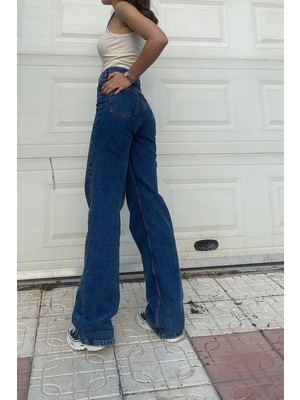 Ramrod  Luga Koyu Mavi Likralı Süper Yüksek Bel Salaş Jeans Palazzo Pantolon- Bol Paça