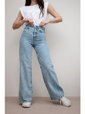 Livik  Alby Kadın Açık Mavi Kar Yıkama Yüksek Bel Bol Paça Denim Kot Pantolon- Salaş