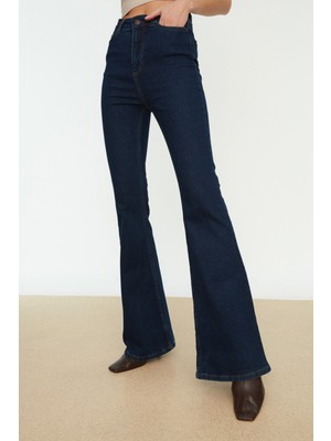 Ramrod Koyu Mavi Yüksek Bel Flare  Jeans Ispanyol Paça Kot Pantolon