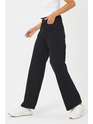 Ramrod Beauty Siyah Salaş Süper Yüksek Bel Jeans - Likralı Geniş Paça Kot Pantolon