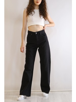 Livik Kadın Yüksek Bel 90's Wide Leg Jean Pantolon Siyah Renkli Salaş Model