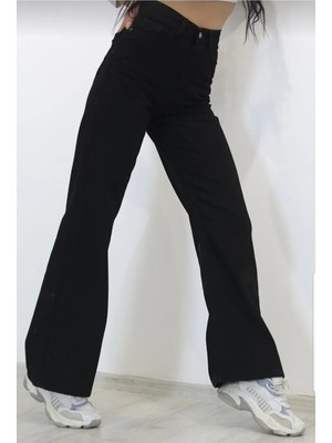 Livik Siyah Süper Yüksek Bel Wide Leg Jeans Likralı Bol Paça Kot Pantolon