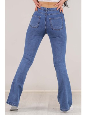 Livik  Hilda Ispanyol Paça Jeans Solmaz Mavi Kot Pantolon