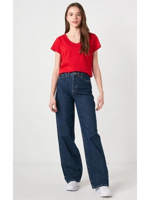 Ramrod Koyu Mavi Bol Paça Likralı Kadın Yüksek Bel Bol Paça Denim Kot Palazzo Pantolon